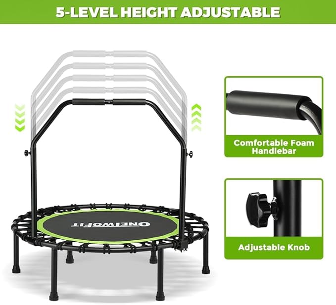 ONETWOFIT Foldable Rebounder Trampoline for Adults, 45" Mini Fitness Trampoline W/Adjustable Foam Handle Bungees, Quiet Exercise Trampoline Max Load 330lbs
