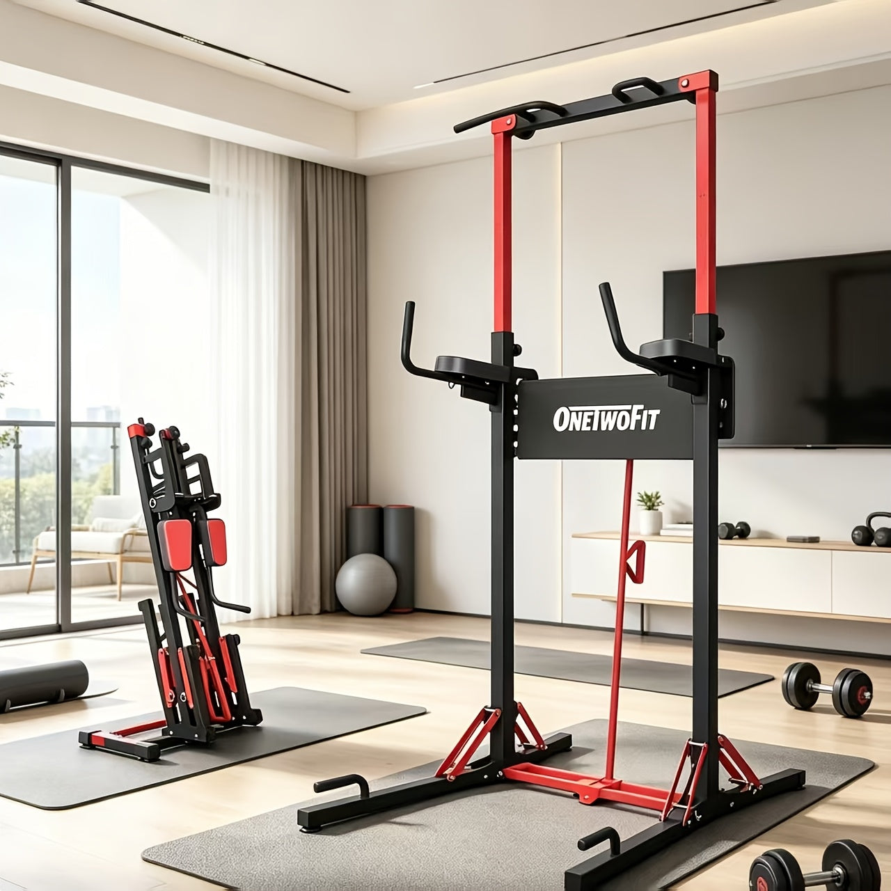 ONETWOFIT Power Tower Pull Up Bar Station, Heavy Duty Strength Training Fitness Equipment, Multi-Function Adjustable Height Foldable Dip Station For Home Gym Workout, Pull Up Stand 405LBS