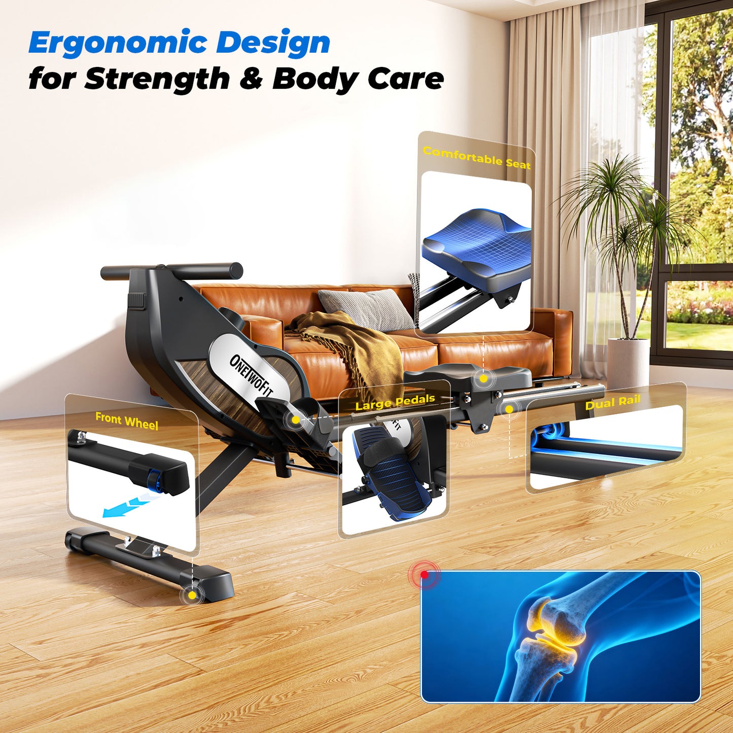 ONETWOFIT Rowing Machines Foldable For Home Gym, Folding Magnetic Rower Machine, Dual Slide Rails 16 Levels Of Quiet Resistance, 350lbs Weight Capacity