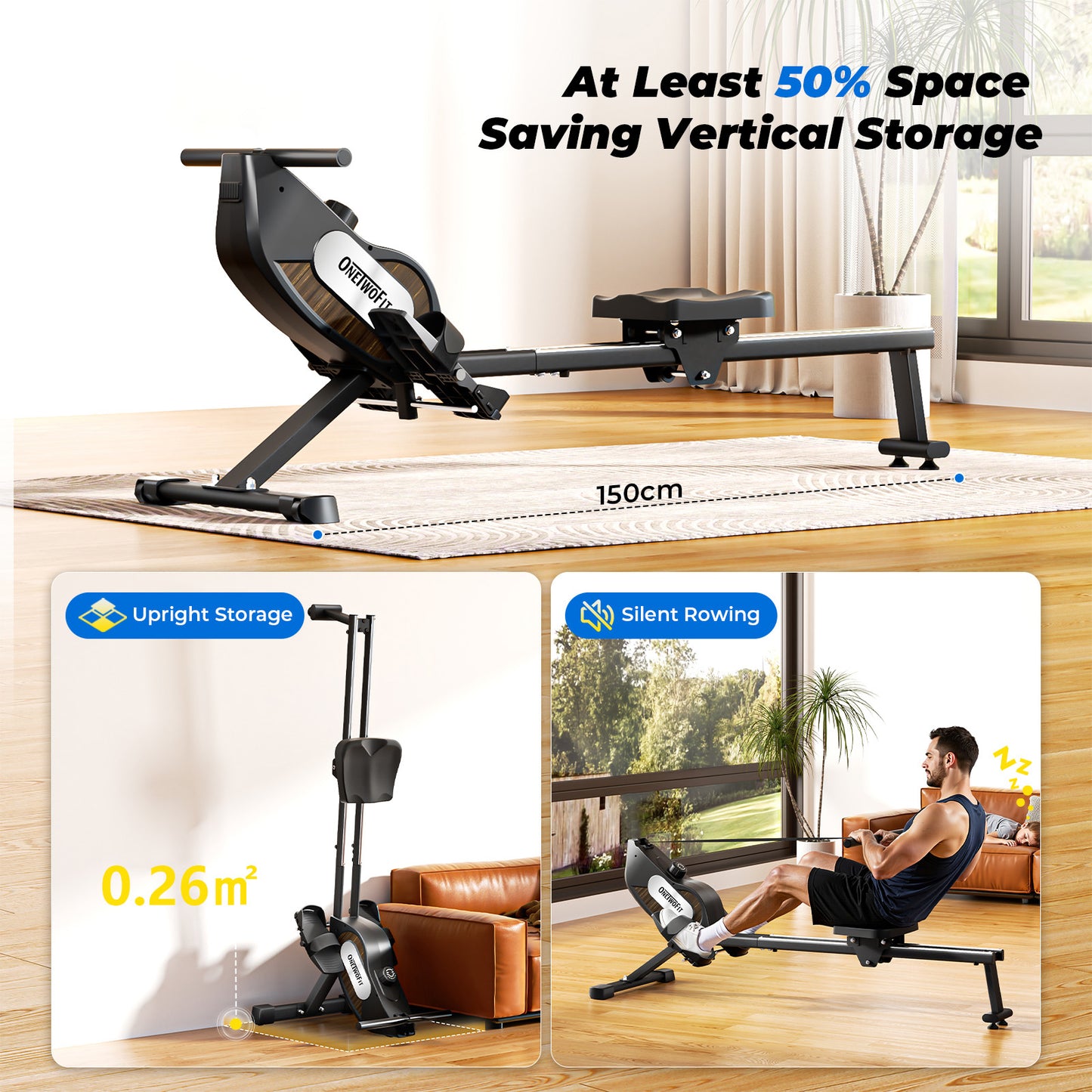 ONETWOFIT Rowing Machines Foldable For Home Gym, Folding Magnetic Rower Machine, Dual Slide Rails 16 Levels Of Quiet Resistance, 350lbs Weight Capacity