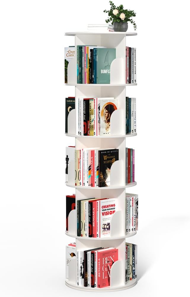 Nidouillet Rotating Bookshelf Tower, 5 Tier Spinning Bookcase Lazy Susan, Revolving 360 Book Shelf Storage Round Organizer, Vertical Rotate Turning Corner Book Case for Small Space, White  AB038608