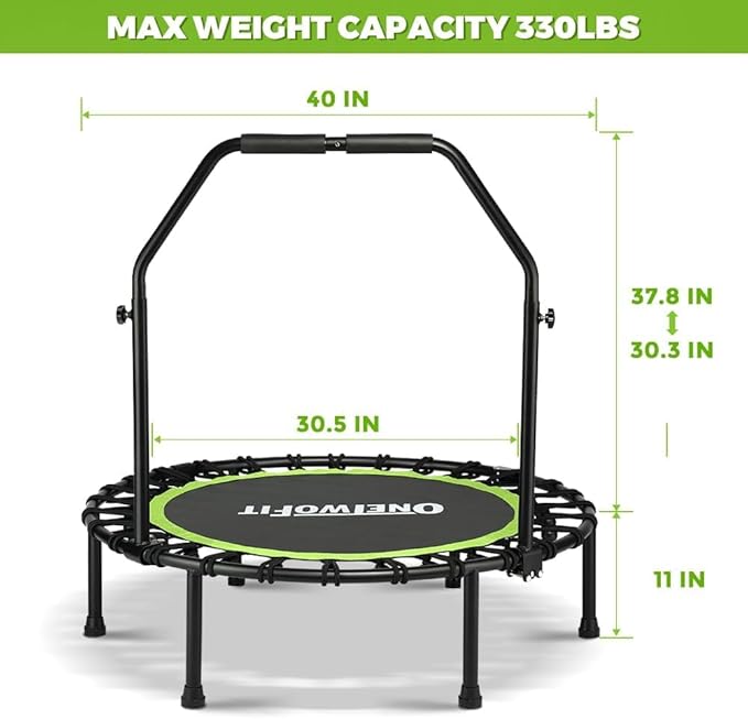 ONETWOFIT Foldable Rebounder Trampoline for Adults, 45" Mini Fitness Trampoline W/Adjustable Foam Handle Bungees, Quiet Exercise Trampoline Max Load 330lbs