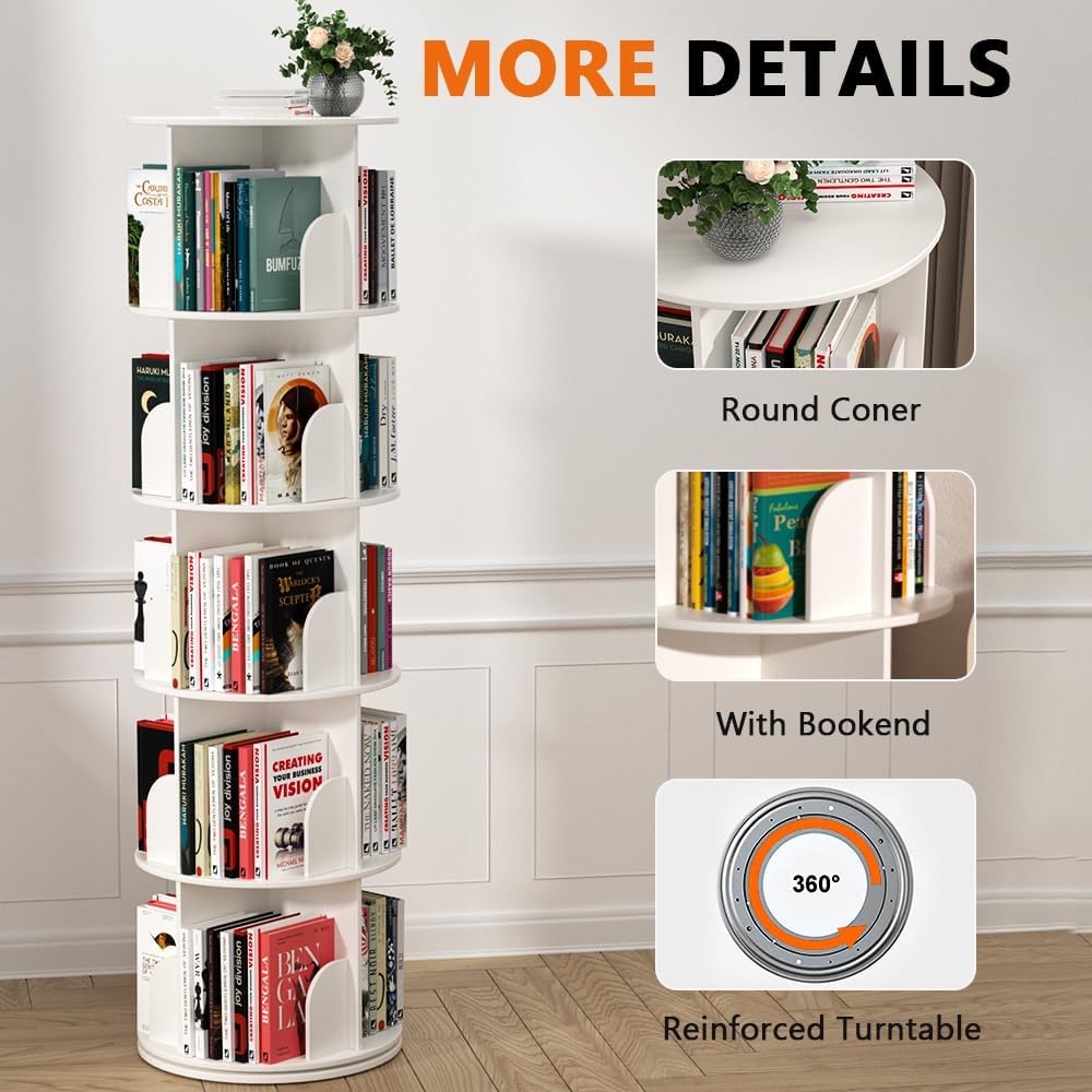 Nidouillet Rotating Bookshelf Tower, 5 Tier Spinning Bookcase Lazy Susan, Revolving 360 Book Shelf Storage Round Organizer, Vertical Rotate Turning Corner Book Case for Small Space, White  AB038608