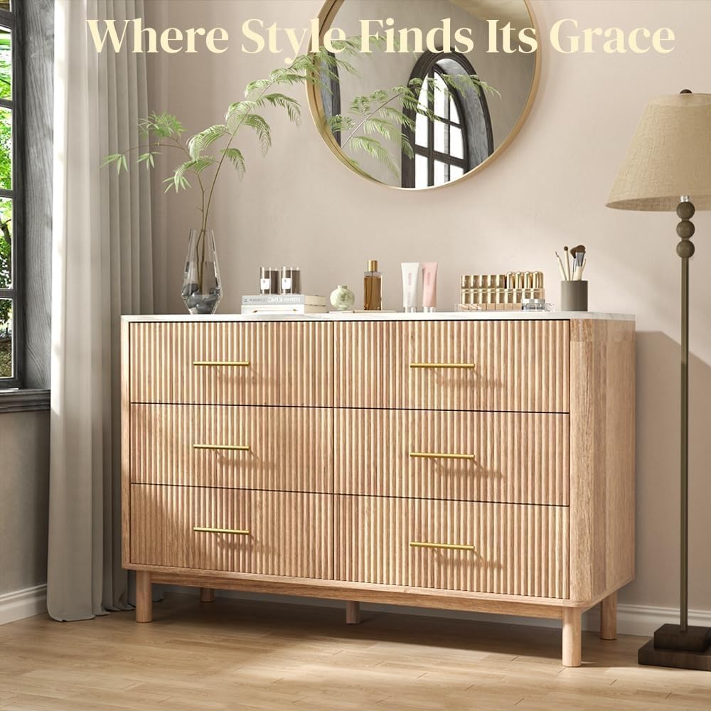 Nidouillet Fluted Dresser for Bedroom, 6-Drawer Modern Chest with Faux Marble Top, 47" Wide Natural Oak Organizer with Spacious Storage and an Easy-Wipe Marble Top for Living Room & Hallway AB034201