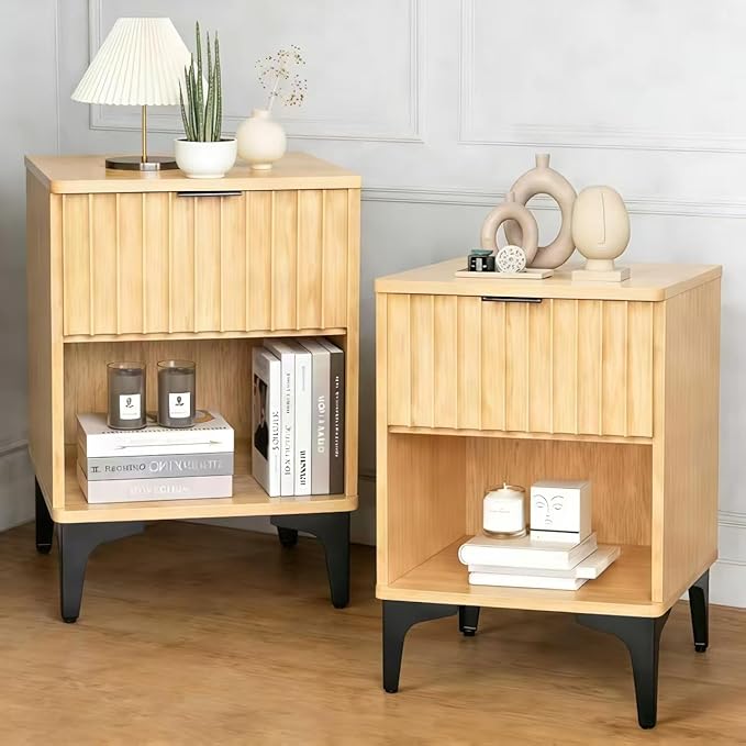 Faux Marble Side Table with Drawer, Modern Nightstand Bedside Table with Open Storage Shelf for Farmhouse Style, Small Space Living Room or Bedroom AB034401