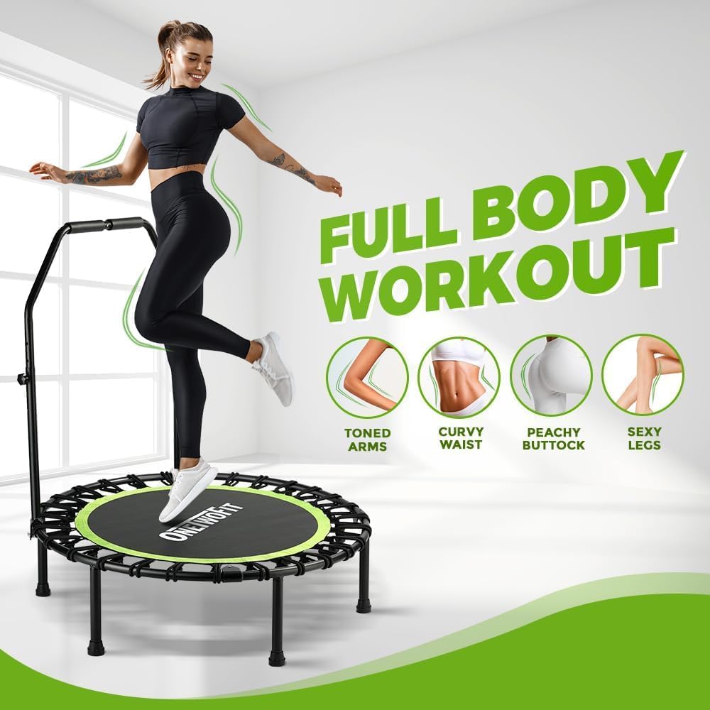 ONETWOFIT Foldable Rebounder Trampoline for Adults, 45" Mini Fitness Trampoline W/Adjustable Foam Handle Bungees, Quiet Exercise Trampoline Max Load 330lbs