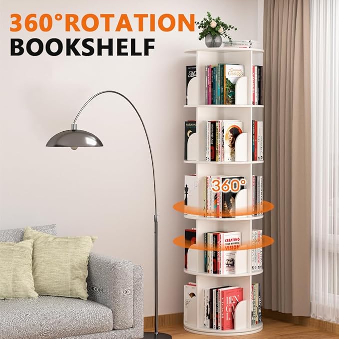 Nidouillet Rotating Bookshelf Tower, 5 Tier Spinning Bookcase Lazy Susan, Revolving 360 Book Shelf Storage Round Organizer, Vertical Rotate Turning Corner Book Case for Small Space, White  AB038608