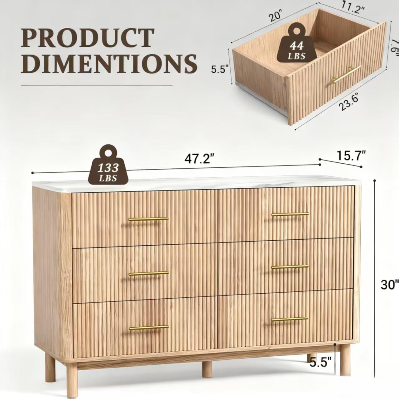 Nidouillet Fluted Dresser for Bedroom, 6-Drawer Modern Chest with Faux Marble Top, 47" Wide Natural Oak Organizer with Spacious Storage and an Easy-Wipe Marble Top for Living Room & Hallway AB034201
