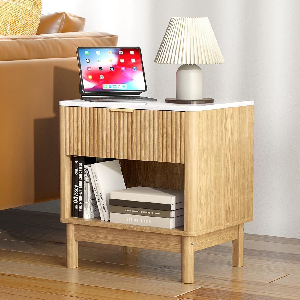 Faux Marble Side Table with Drawer, Modern Nightstand Bedside Table with Open Storage Shelf for Farmhouse Style, Small Space Living Room or Bedroom AB034401
