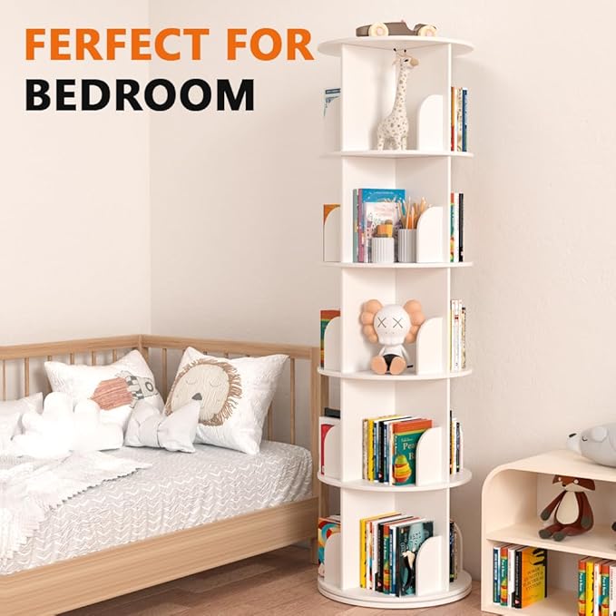 Nidouillet Rotating Bookshelf Tower, 5 Tier Spinning Bookcase Lazy Susan, Revolving 360 Book Shelf Storage Round Organizer, Vertical Rotate Turning Corner Book Case for Small Space, White  AB038608