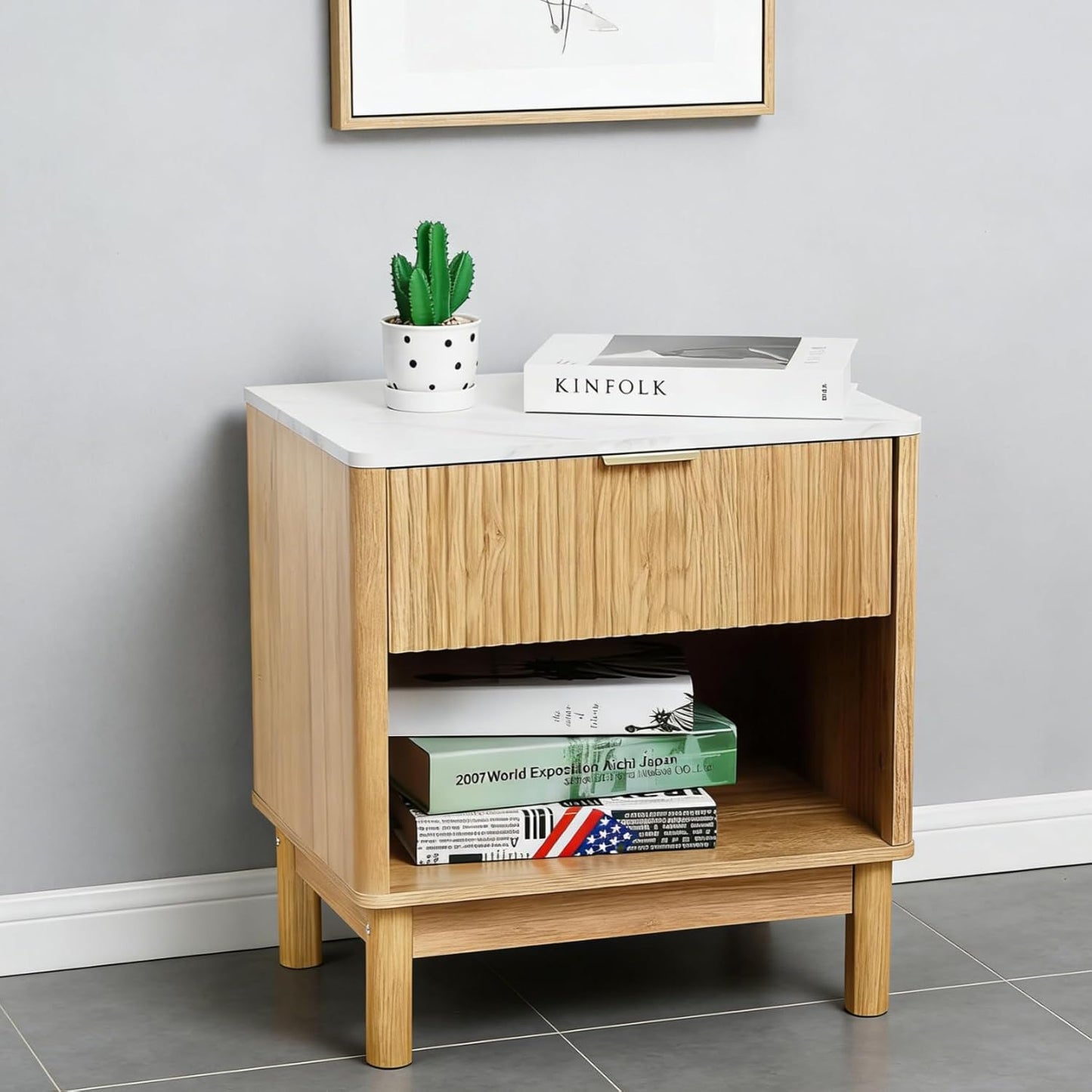Faux Marble Side Table with Drawer, Modern Nightstand Bedside Table with Open Storage Shelf for Farmhouse Style, Small Space Living Room or Bedroom AB034401