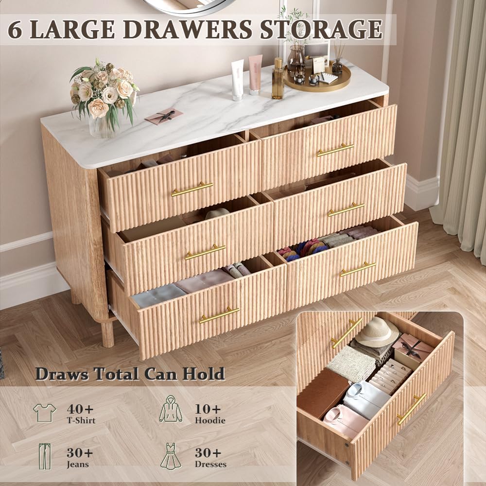 Nidouillet Fluted Dresser for Bedroom, 6-Drawer Modern Chest with Faux Marble Top, 47" Wide Natural Oak Organizer with Spacious Storage and an Easy-Wipe Marble Top for Living Room & Hallway AB034201