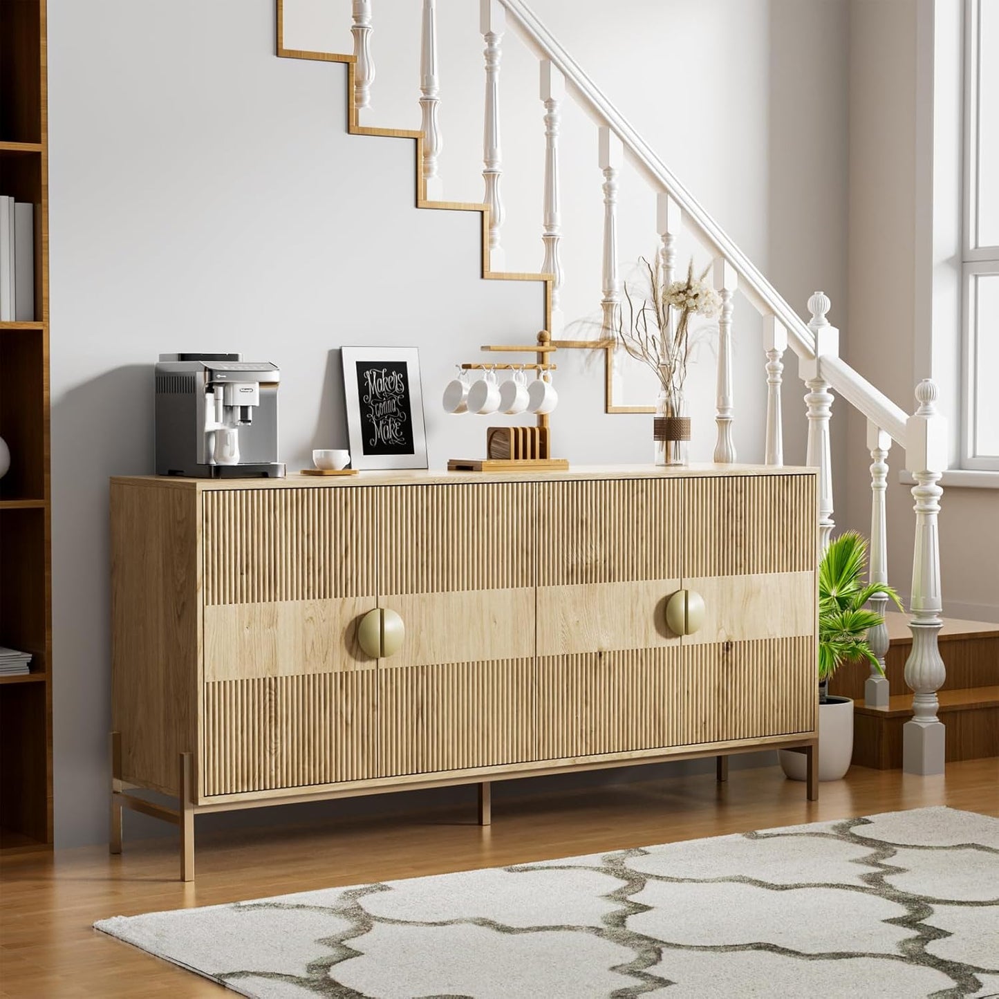 Fluted Buffet Cabinet with Storage, 63" Sideboard Cabinet with 4 Doors & Adjustable Shelves, Modern Accent Credenza, Wood Coffee Bar Console Table for Kitchen, Living Room, Dining Room and EntrywayAB034501