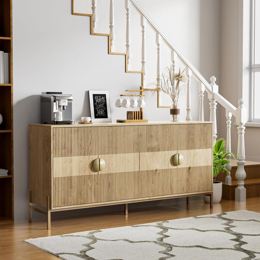 Fluted Buffet Cabinet with Storage, 63" Sideboard Cabinet with 4 Doors & Adjustable Shelves, Modern Accent Credenza, Wood Coffee Bar Console Table for Kitchen, Living Room, Dining Room and EntrywayAB034501