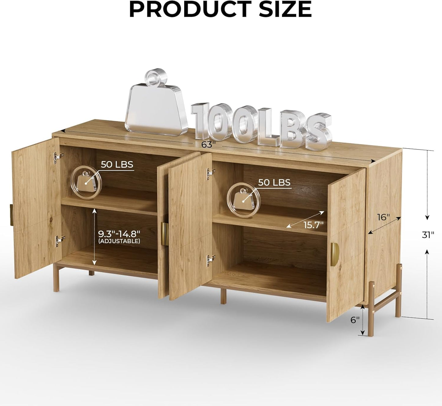 Fluted Buffet Cabinet with Storage, 63" Sideboard Cabinet with 4 Doors & Adjustable Shelves, Modern Accent Credenza, Wood Coffee Bar Console Table for Kitchen, Living Room, Dining Room and EntrywayAB034501