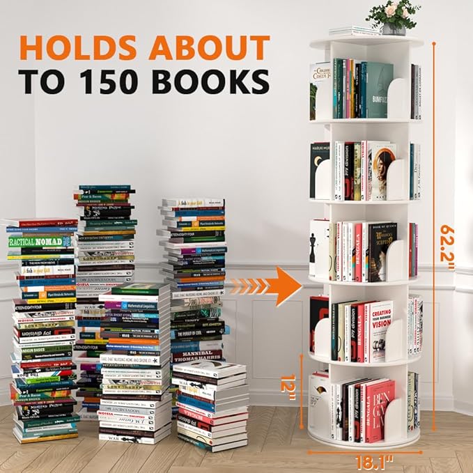 Nidouillet Rotating Bookshelf Tower, 5 Tier Spinning Bookcase Lazy Susan, Revolving 360 Book Shelf Storage Round Organizer, Vertical Rotate Turning Corner Book Case for Small Space, White  AB038608