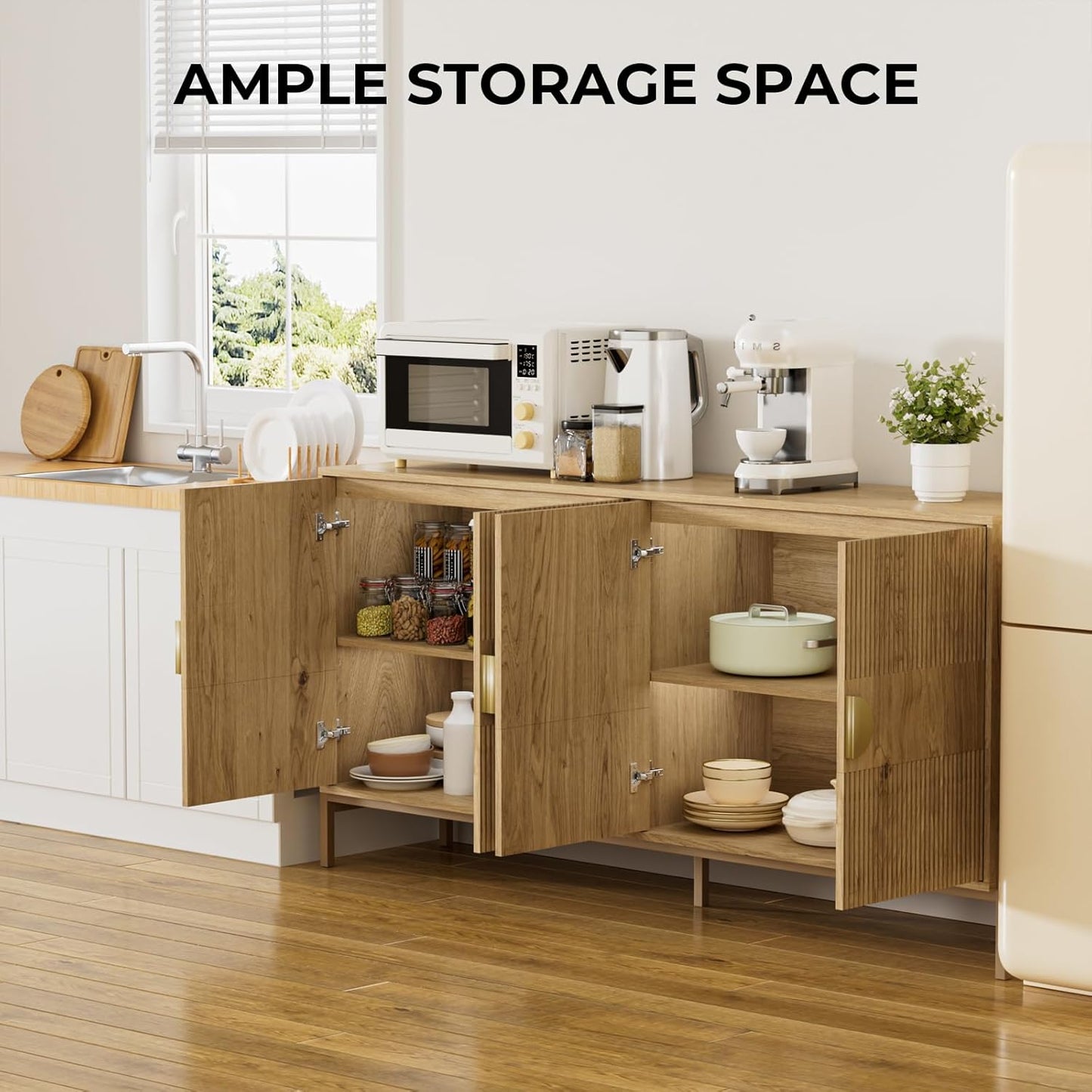 Fluted Buffet Cabinet with Storage, 63" Sideboard Cabinet with 4 Doors & Adjustable Shelves, Modern Accent Credenza, Wood Coffee Bar Console Table for Kitchen, Living Room, Dining Room and EntrywayAB034501