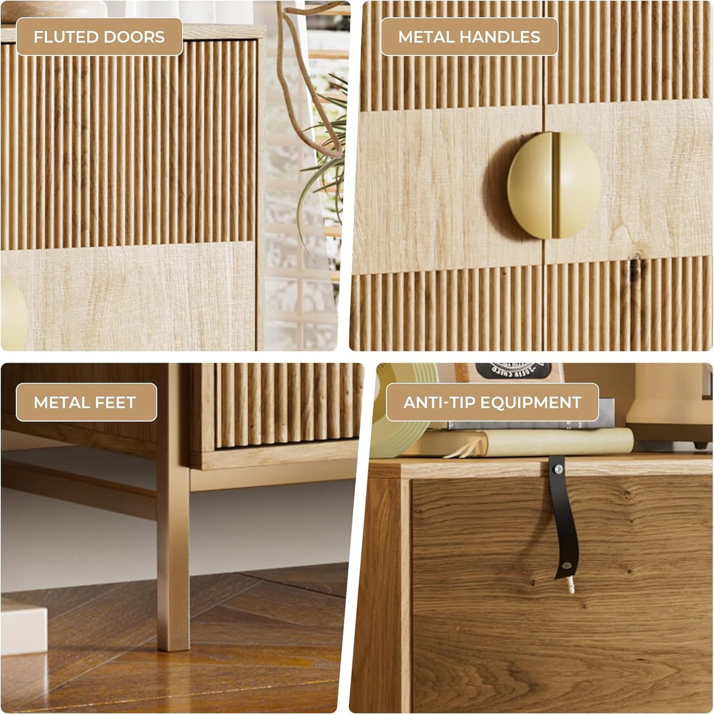 Fluted Buffet Cabinet with Storage, 63" Sideboard Cabinet with 4 Doors & Adjustable Shelves, Modern Accent Credenza, Wood Coffee Bar Console Table for Kitchen, Living Room, Dining Room and EntrywayAB034501