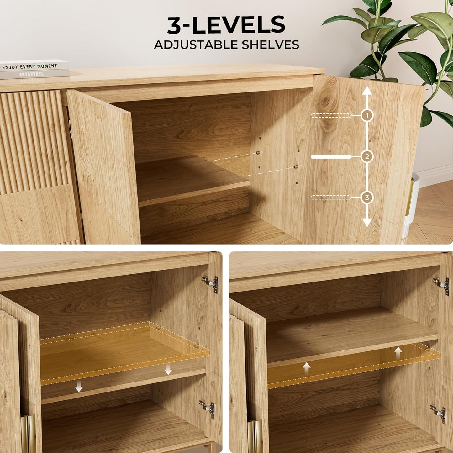 Fluted Buffet Cabinet with Storage, 63" Sideboard Cabinet with 4 Doors & Adjustable Shelves, Modern Accent Credenza, Wood Coffee Bar Console Table for Kitchen, Living Room, Dining Room and EntrywayAB034501