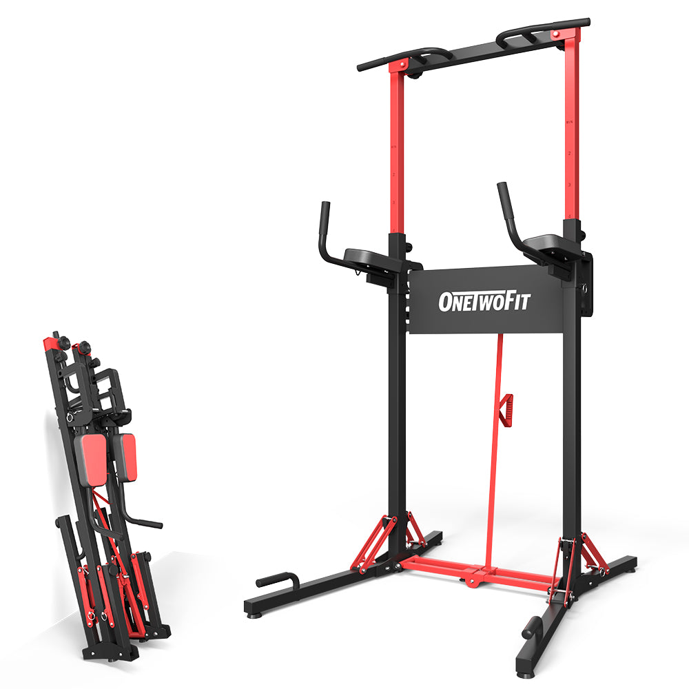 ONETWOFIT Power Tower Pull Up Bar Station, Multi-Function Adjustable Height Foldable Dip Station