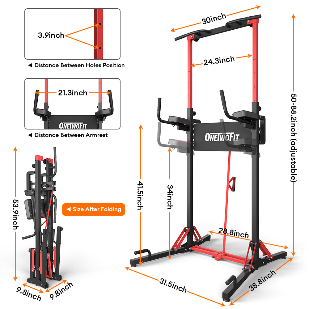 ONETWOFIT Power Tower Pull Up Bar Station, Multi-Function Adjustable Height Foldable Dip Station