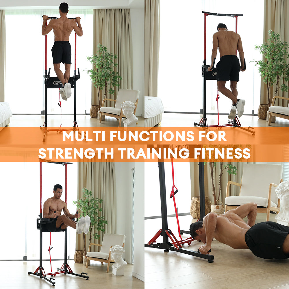 ONETWOFIT Power Tower Pull Up Bar Station, Multi-Function Adjustable Height Foldable Dip Station