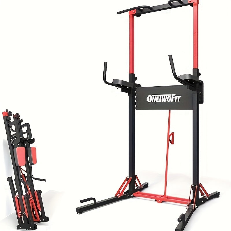 ONETWOFIT Power Tower Pull Up Bar Station, Heavy Duty Strength Training Fitness Equipment, Multi-Function Adjustable Height Foldable Dip Station For Home Gym Workout, Pull Up Stand 405LBS