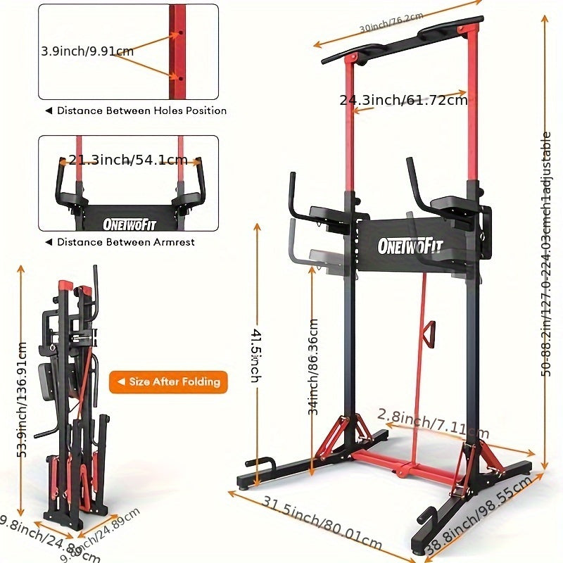 ONETWOFIT Power Tower Pull Up Bar Station, Heavy Duty Strength Training Fitness Equipment, Multi-Function Adjustable Height Foldable Dip Station For Home Gym Workout, Pull Up Stand 405LBS